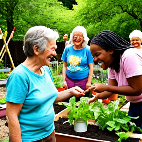 Home 4 **
Prompt: A vibrant community garden scene. People of diverse ages and backgrounds are actively participating in gardening activities. Focus on interaction, laughter, and a sense of belonging. Workshops, informal talks, and the overall feeling of a flourishing community.
**