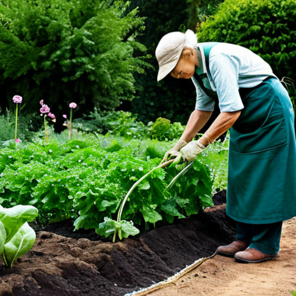 A serene, mature gardener, fully clothed in practical, modest gardening attire, carefully observing a thriving vegetable patch. The garden features lush, healthy plants with diverse foliage. Subtle, artistic visual elements beneath the soil surface suggest a complex root system and beneficial mycorrhizal networks, symbolizing the "invisible network" of plant communication and cooperation. The lighting is soft and natural, emphasizing organic textures. Professional photography, high detail, perfect anatomy, correct proportions, natural pose, well-formed hands, proper finger count, natural body proportions, safe for work, appropriate content, fully clothed, modest, family-friendly.