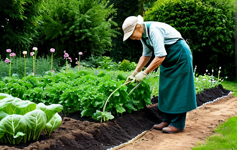 A serene, mature gardener, fully clothed in practical, modest gardening attire, carefully observing a thriving vegetable patch. The garden features lush, healthy plants with diverse foliage. Subtle, artistic visual elements beneath the soil surface suggest a complex root system and beneficial mycorrhizal networks, symbolizing the "invisible network" of plant communication and cooperation. The lighting is soft and natural, emphasizing organic textures. Professional photography, high detail, perfect anatomy, correct proportions, natural pose, well-formed hands, proper finger count, natural body proportions, safe for work, appropriate content, fully clothed, modest, family-friendly.