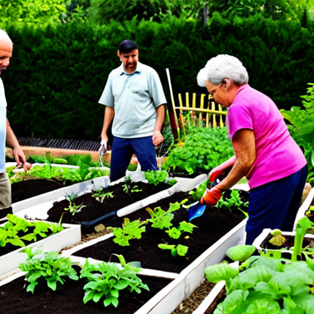 A diverse group of individuals, including children, adults, and seniors, actively engaged in a vibrant urban community garden. They are collaborating, some planting seedlings in raised garden beds, others watering plants or sharing gardening knowledge. The individuals are fully clothed in comfortable, modest, and appropriate gardening attire, such as t-shirts, practical trousers, and sensible shoes. The garden features lush green plants, colorful flowers, gardening tools, and visible signs of teamwork. In the background, modern city buildings softly blur, emphasizing the garden as an urban oasis. The scene is well-lit, with natural sunlight. perfect anatomy, correct proportions, natural pose, well-formed hands, proper finger count, natural body proportions, professional photography, high quality, safe for work, appropriate content, fully clothed, family-friendly.