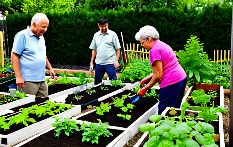 A diverse group of individuals, including children, adults, and seniors, actively engaged in a vibrant urban community garden. They are collaborating, some planting seedlings in raised garden beds, others watering plants or sharing gardening knowledge. The individuals are fully clothed in comfortable, modest, and appropriate gardening attire, such as t-shirts, practical trousers, and sensible shoes. The garden features lush green plants, colorful flowers, gardening tools, and visible signs of teamwork. In the background, modern city buildings softly blur, emphasizing the garden as an urban oasis. The scene is well-lit, with natural sunlight. perfect anatomy, correct proportions, natural pose, well-formed hands, proper finger count, natural body proportions, professional photography, high quality, safe for work, appropriate content, fully clothed, family-friendly.