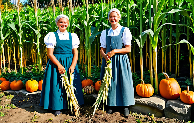 Classic Three Sisters Guild**
"A thriving "Drei Schwestern" (Three Sisters) garden bed featuring corn stalks, bean vines climbing the stalks, and pumpkins sprawling on the ground, fully clothed, appropriate attire, safe for work, perfect anatomy, natural proportions, vibrant colors, sunny day in a German garden, family-friendly, high quality."
**