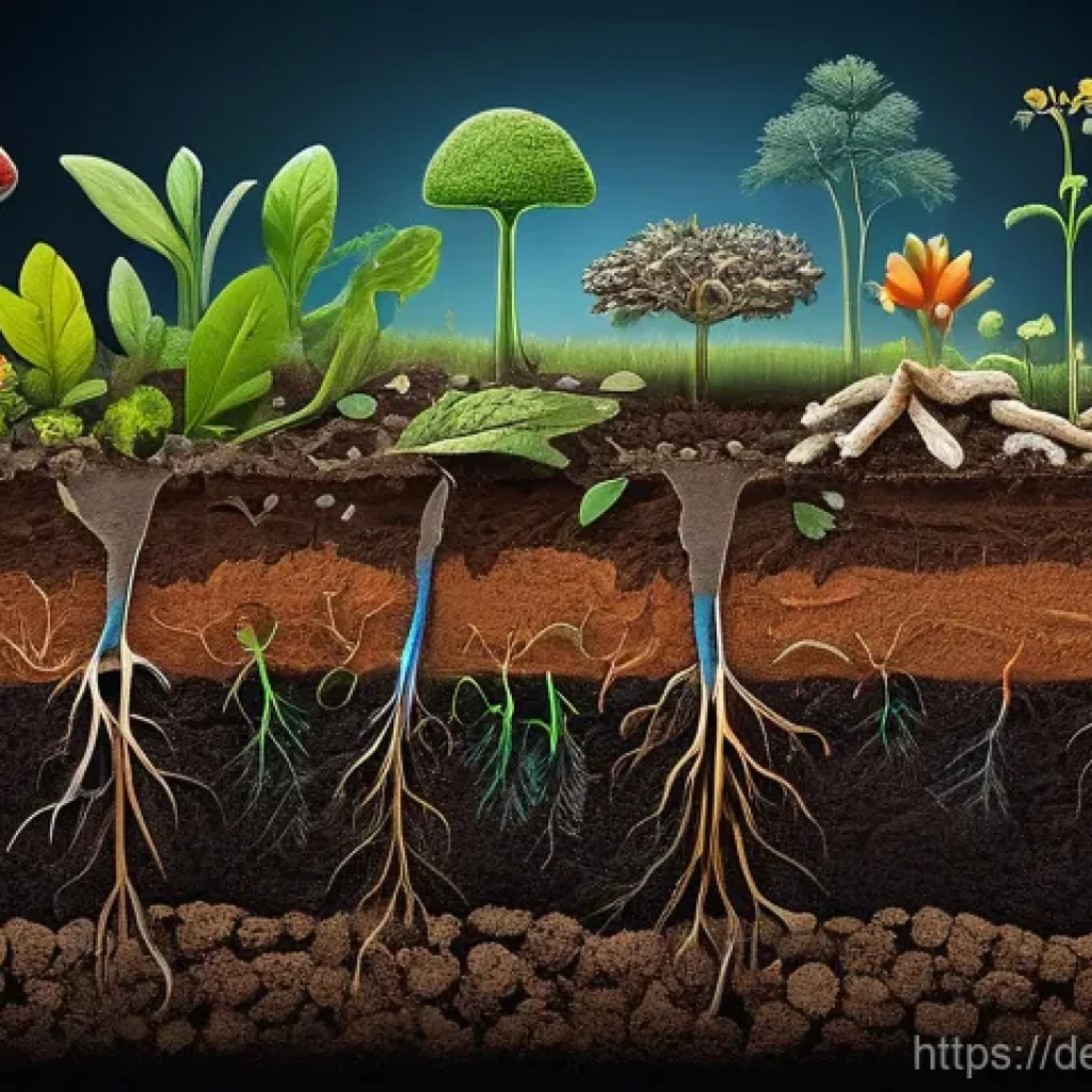 길드 생태계 정원에서의 토양 관리 기술 - **Prompt:** A vibrant, highly detailed cross-section of healthy, dark garden soil. The image should ...