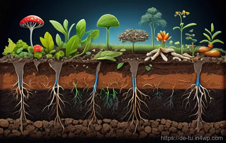 길드 생태계 정원에서의 토양 관리 기술 - **Prompt:** A vibrant, highly detailed cross-section of healthy, dark garden soil. The image should ...