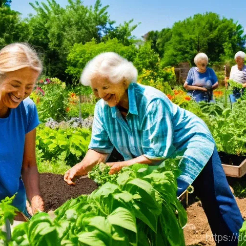 길드 생태계 정원 설계의 협업 모델 - **Prompt:** A vibrant community garden scene on a sunny afternoon. Diverse individuals of all ages a...