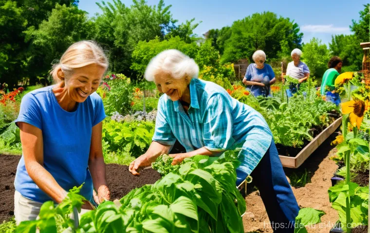 길드 생태계 정원 설계의 협업 모델 - **Prompt:** A vibrant community garden scene on a sunny afternoon. Diverse individuals of all ages a...