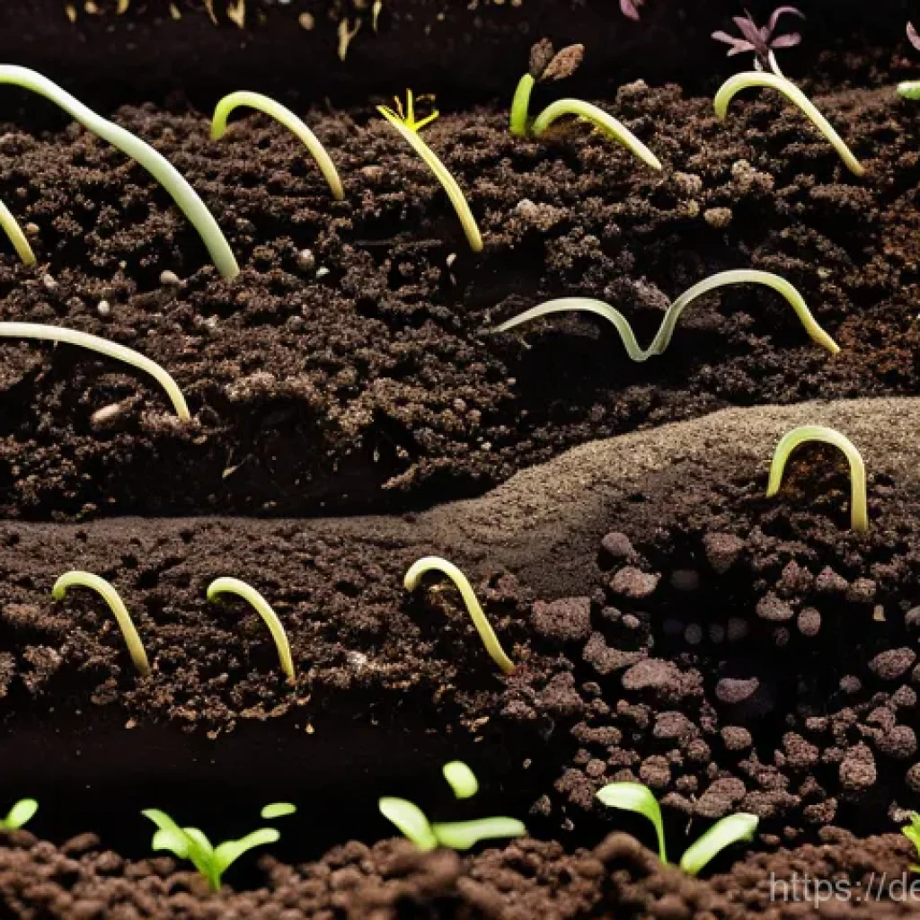 길드 생태계 정원 설계와 생태계 복원 사례 - **Prompt:** A close-up, highly detailed shot of a thriving garden soil cross-section. The image shou...