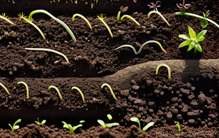 길드 생태계 정원 설계와 생태계 복원 사례 - **Prompt:** A close-up, highly detailed shot of a thriving garden soil cross-section. The image shou...