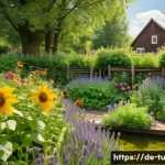 Home 20 길드 생태계 정원 설계에서의 역할 모델 - A vibrant ecological garden scene in a temperate German setting during spring, showcasing a diverse ...