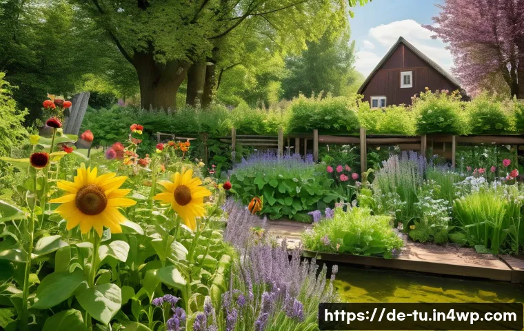 길드 생태계 정원 설계에서의 역할 모델 - A vibrant ecological garden scene in a temperate German setting during spring, showcasing a diverse ...