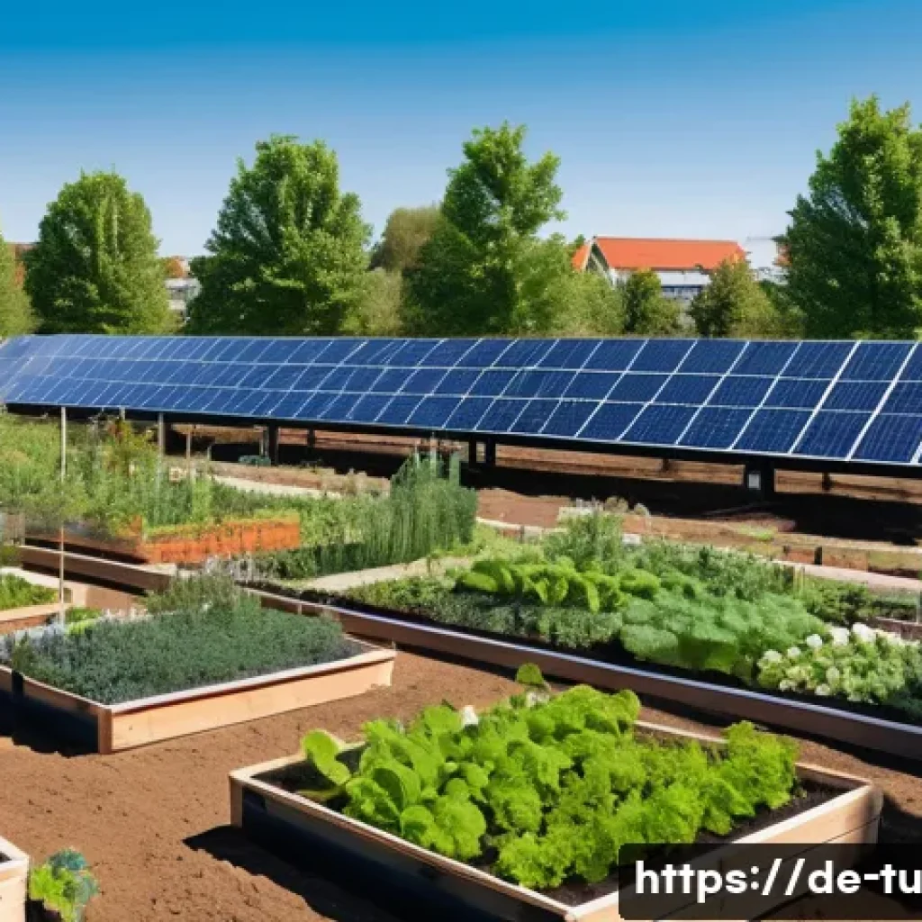길드 생태계 정원 설계와 기계적 방식 - A vibrant community garden in an urban German neighborhood, showcasing a seamless integration of nat...