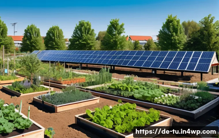 길드 생태계 정원 설계와 기계적 방식 - A vibrant community garden in an urban German neighborhood, showcasing a seamless integration of nat...