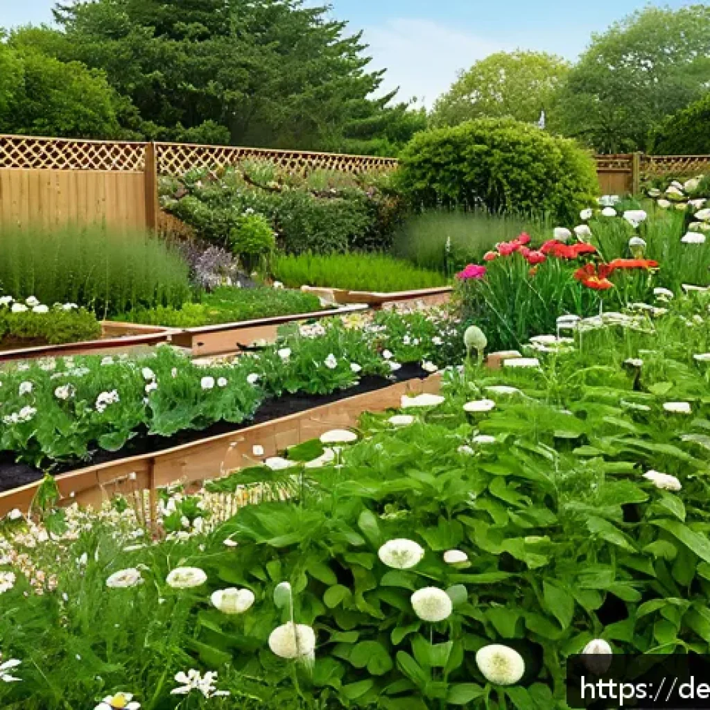 정원 설계를 위한 길드 조합 방법 - A vibrant, harmonious garden guild showcasing diverse functional plants in a German temperate climat...