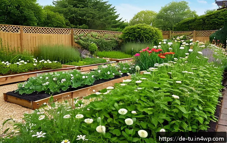 정원 설계를 위한 길드 조합 방법 - A vibrant, harmonious garden guild showcasing diverse functional plants in a German temperate climat...