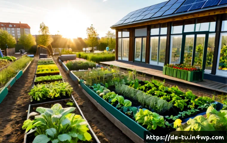 길드 생태계에서의 정원 설계의 미래 전망 - Photorealistic future-oriented community garden in a German city, diverse gardening cooperative memb...